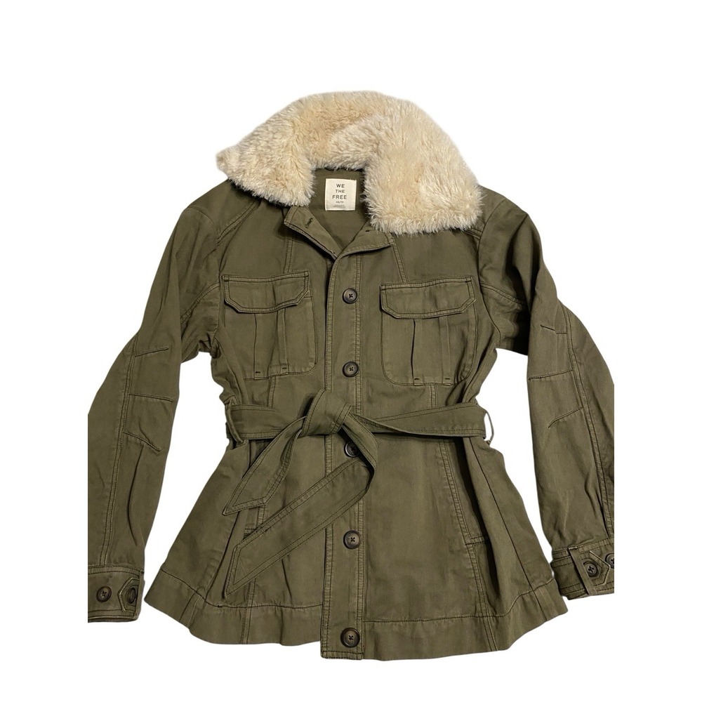 We The Free Women's Olive Belted Fur Trim Collared Mid-Length Jacket Size XS